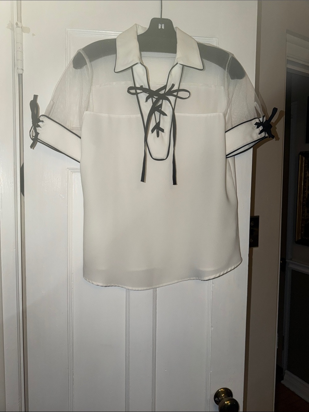 White Sheer-Sleeve Lace-Up Blouse